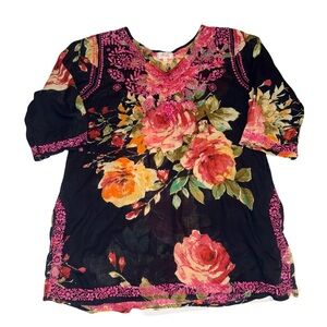 Amaya Floral Embroidered Sheer Tunic Top Navy Pink Multicolor Boho Split Hem Med